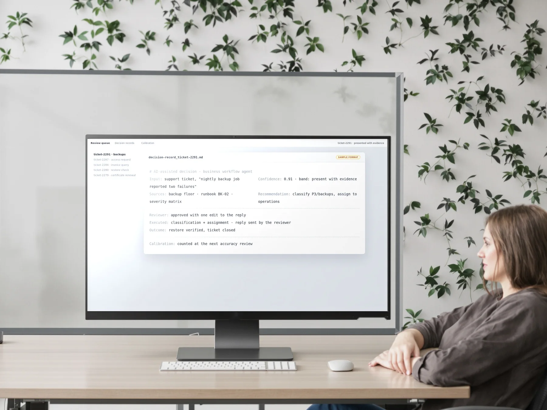 A reviewer at the human checkpoint, reading a decision record on screen