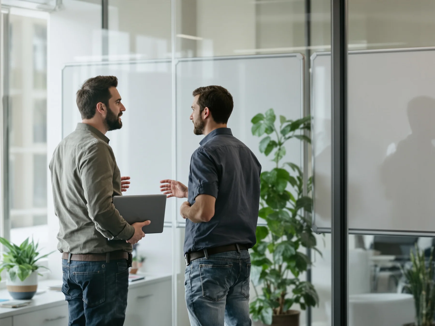 Two engineers talking at the glass wall of a bright office