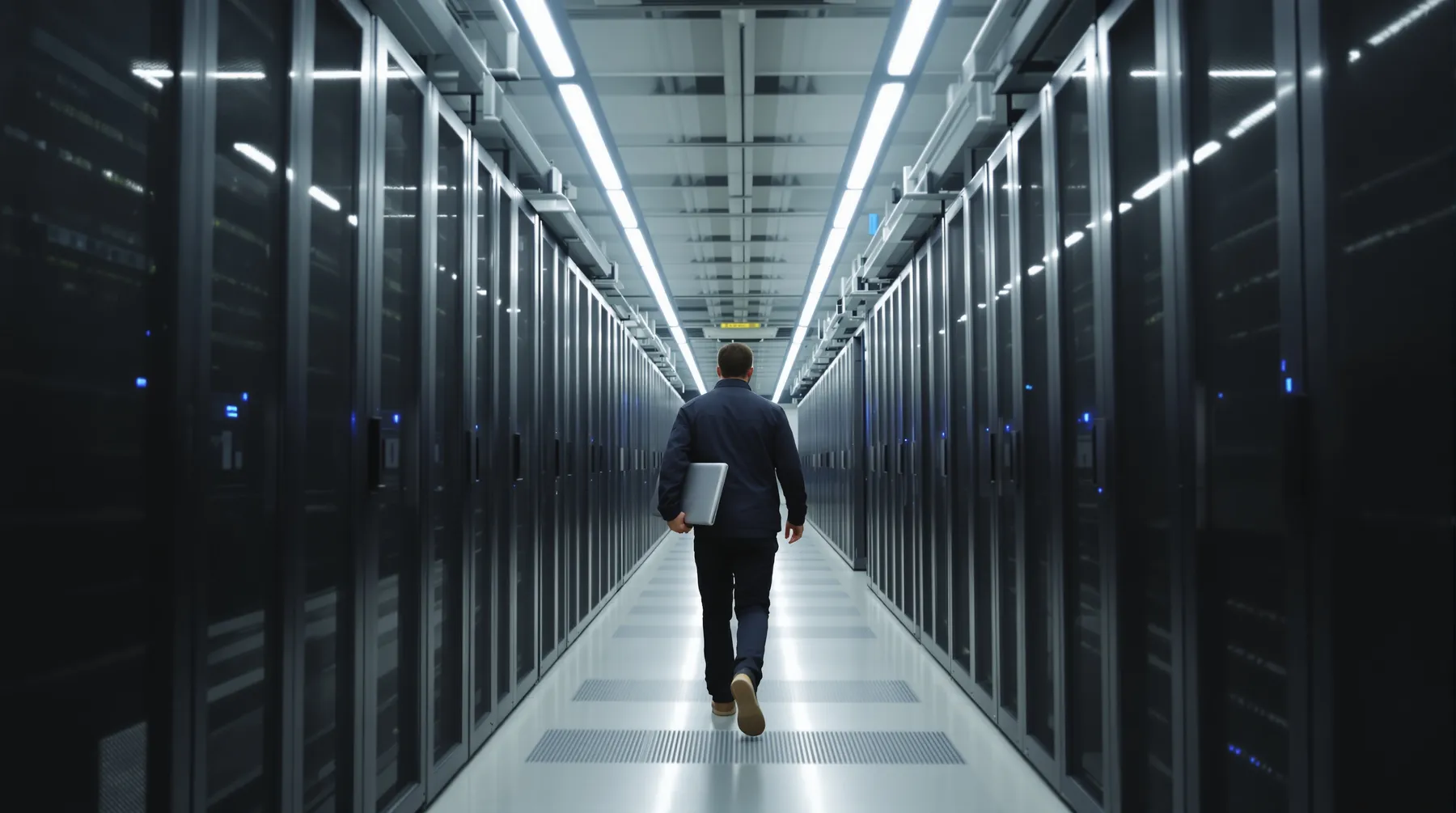 A data-centre aisle in one of our regions, an engineer walking the rows