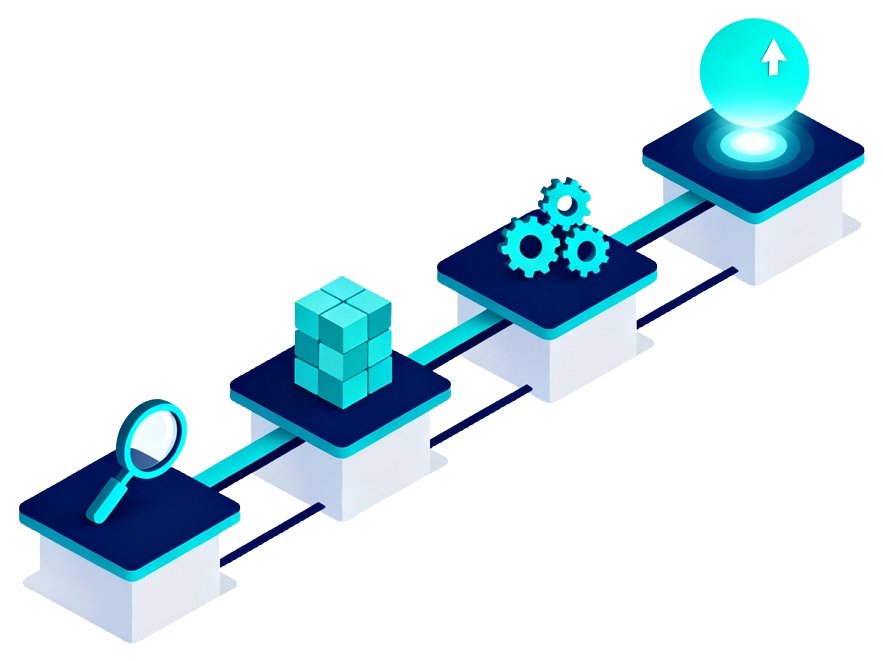 DevOps delivery journey: audit, build, automate, and deliver stations connected on a track to a running delivery core