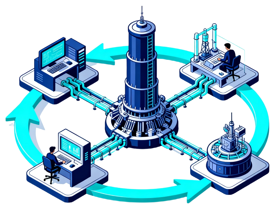 Operating model depth: decision, technical, operational, and reporting layers running as one continuous engine
