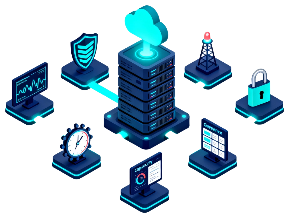Managed operations command hub: monitoring, incident triage, patching, governance, and reporting wired to a managed core