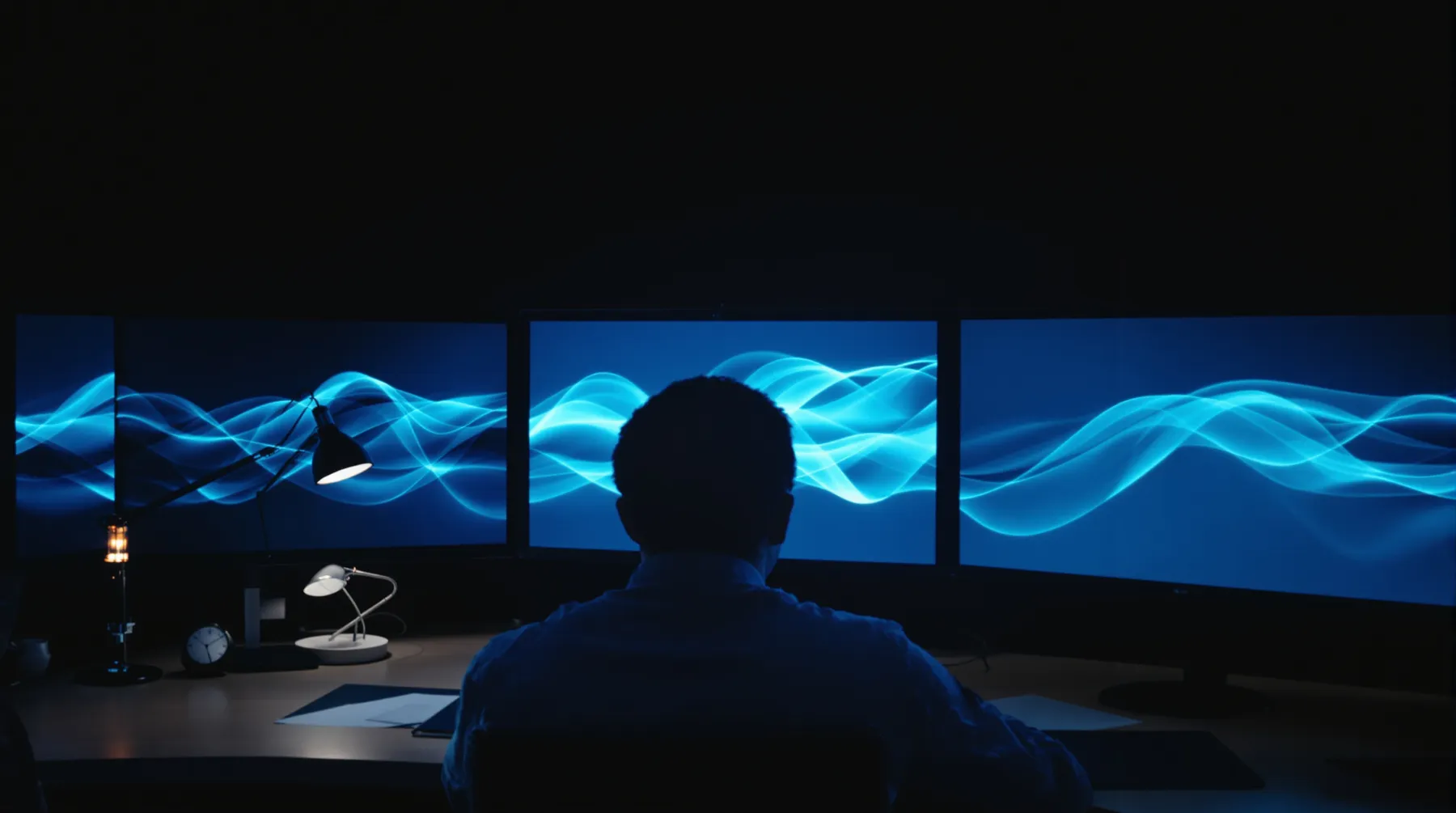 An engineer at the operations desk at night, three screens of live telemetry