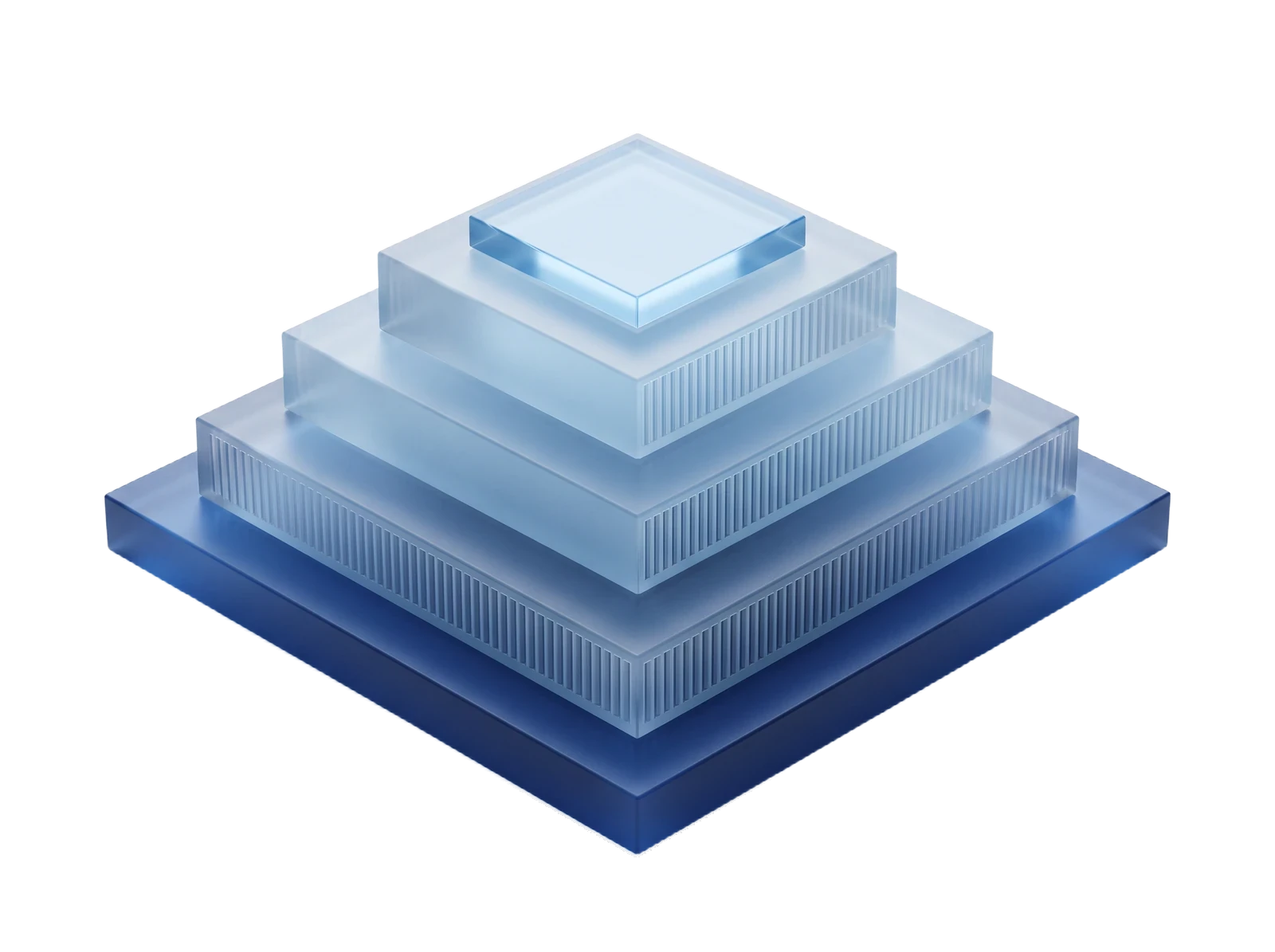 A stepped stack of glass tiers on a base plate: the floor, three plans stepping up, one layer resting on top