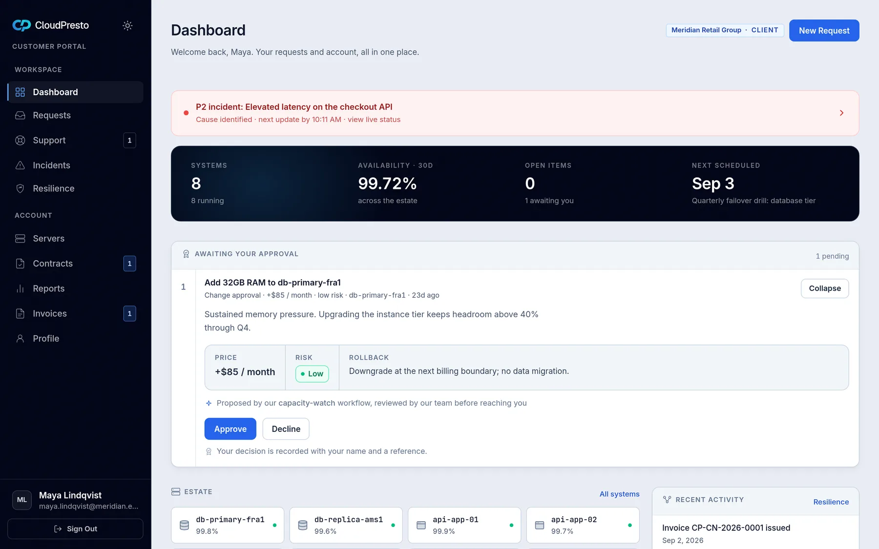 A change waiting for approval in the portal: price, risk, rollback