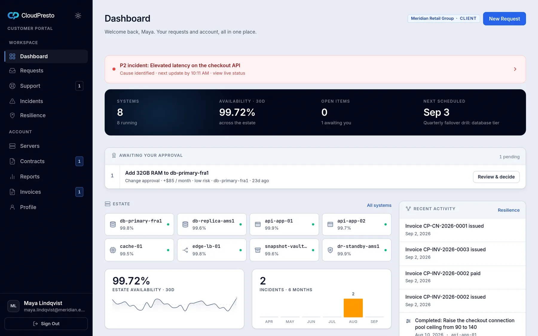 The client portal dashboard: estate availability and the live incident banner