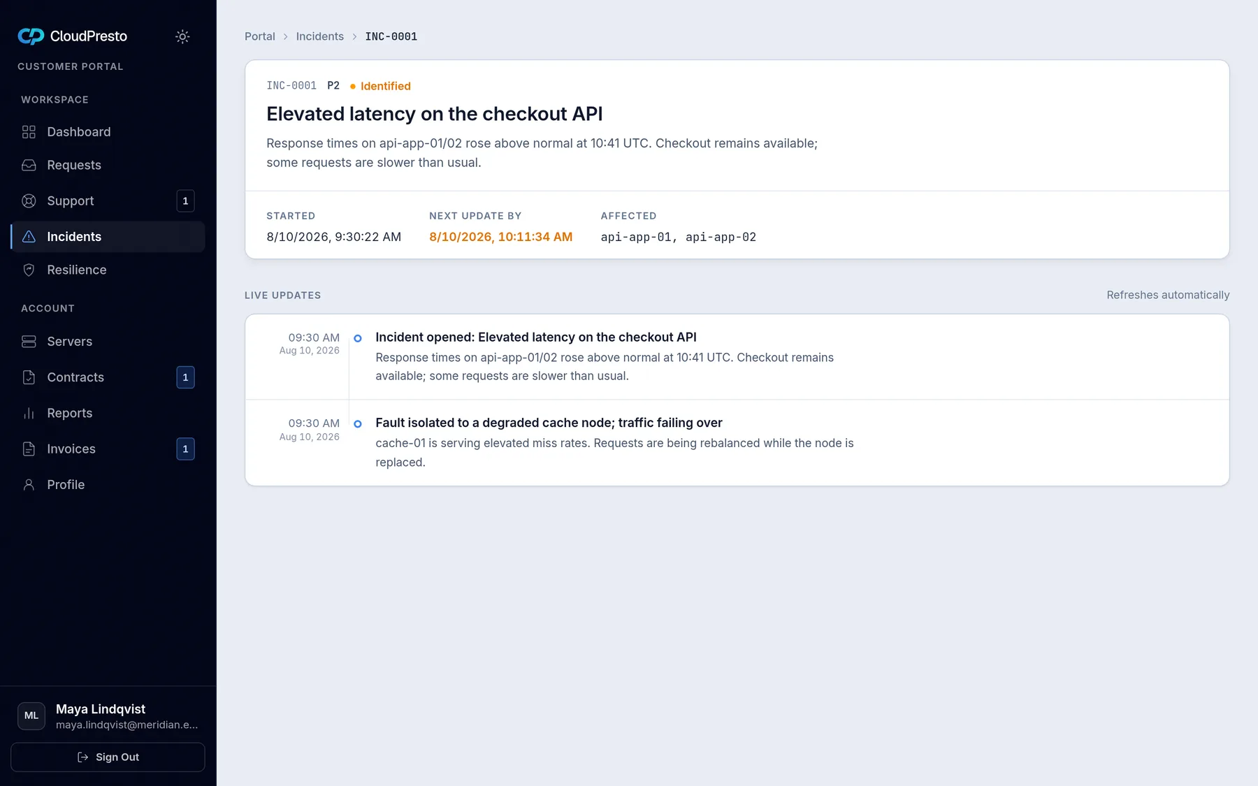 An incident in the portal: severity, next update, live timeline