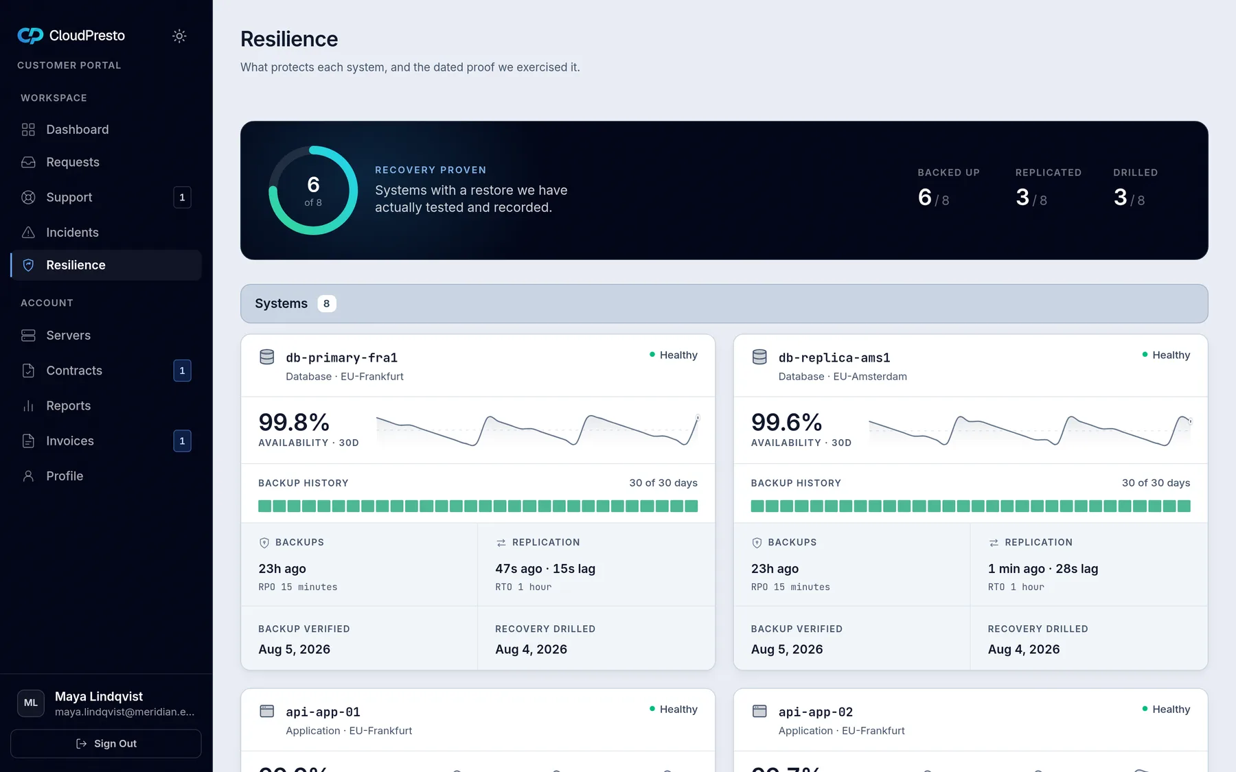 The portal resilience page: the dated proof behind every system